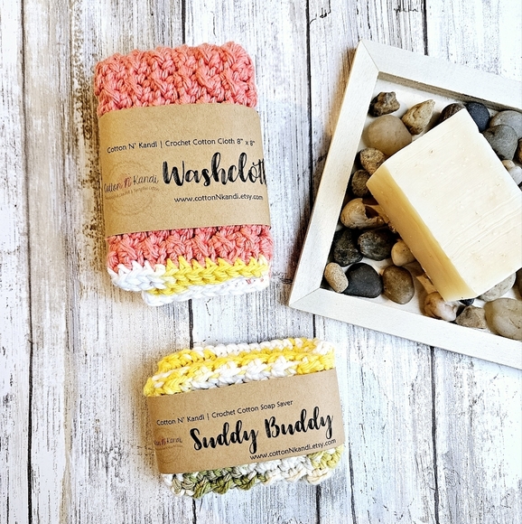 SET Suddy Buddy Soap Saver & Washcloth Cotton N' Kandi, Handmade Crochet - Picture 1 of 1